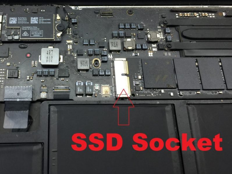 SSD drive and SSD socket on Mac logic board