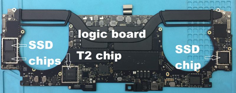 Mac logic board with T2 chip